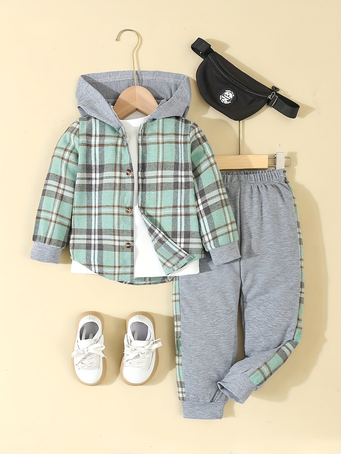 Boy's Casual Set Includes Plaid Hoodie Base Layer Top and Color Block Pants for Spring and Fall