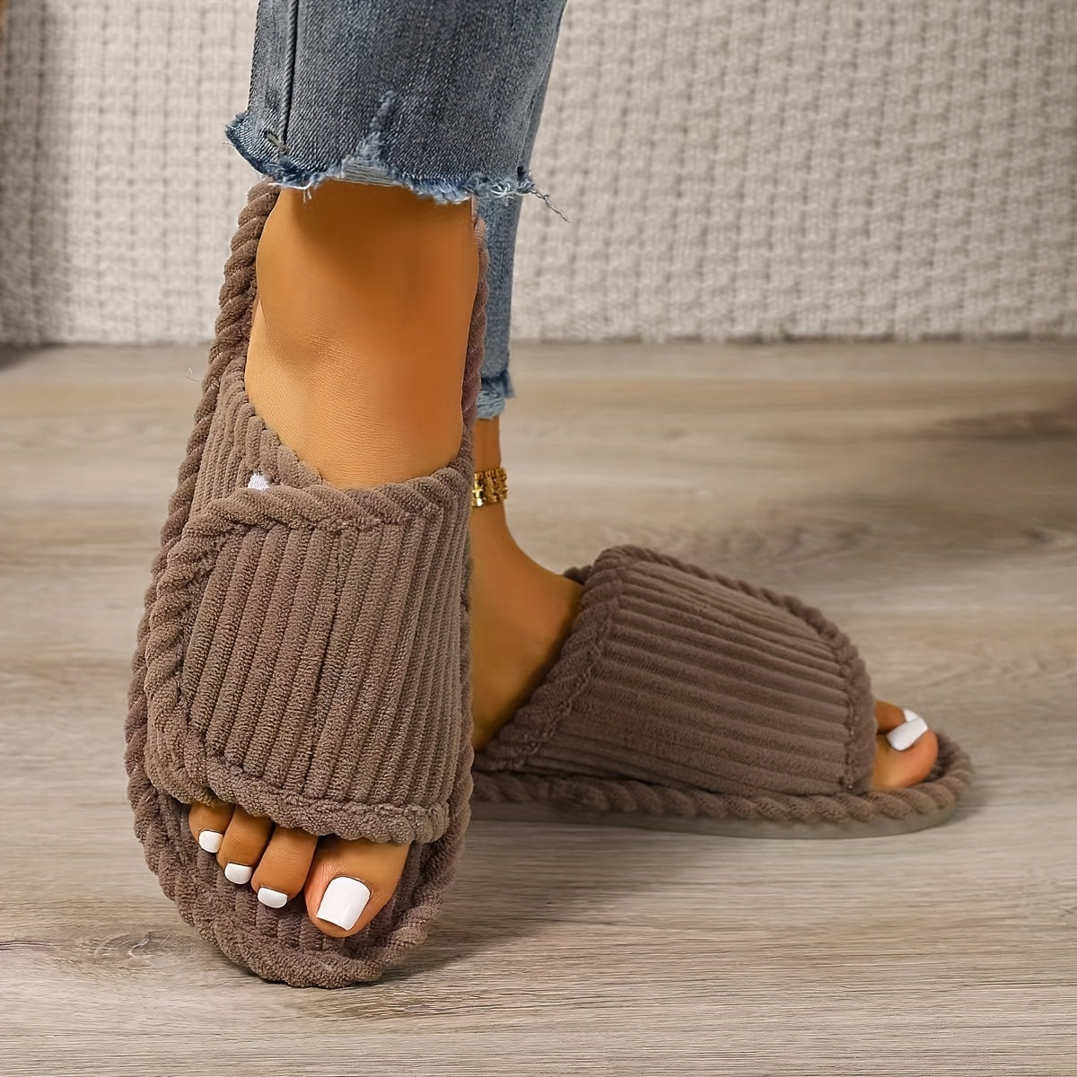 Unisex Striped Fabric Slip-On Slippers Soft Cushioned Non-Slip Rubber Sole