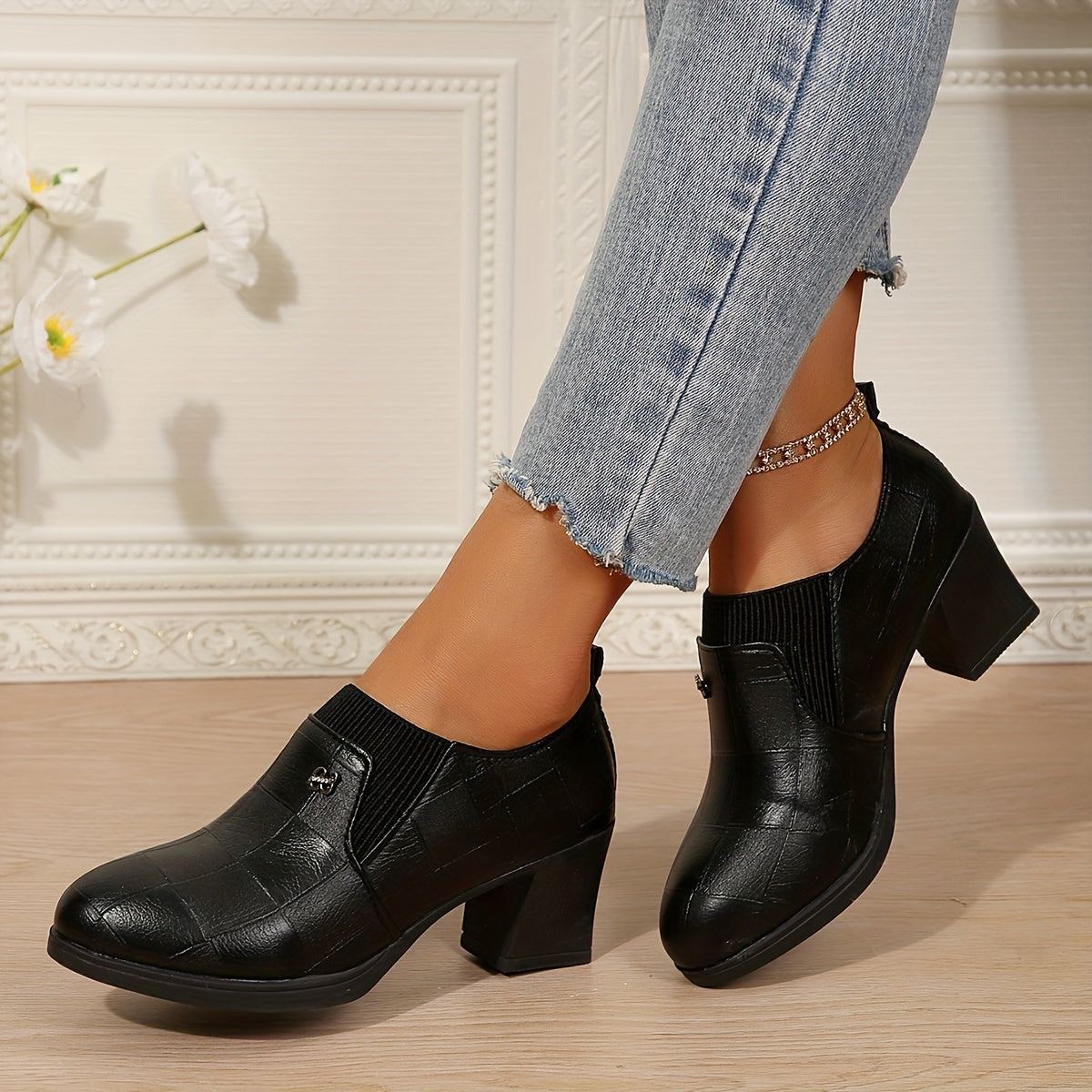 Women's Pointed Toe Pumps Solid Color High Heel Block Shoes Fabric Inner