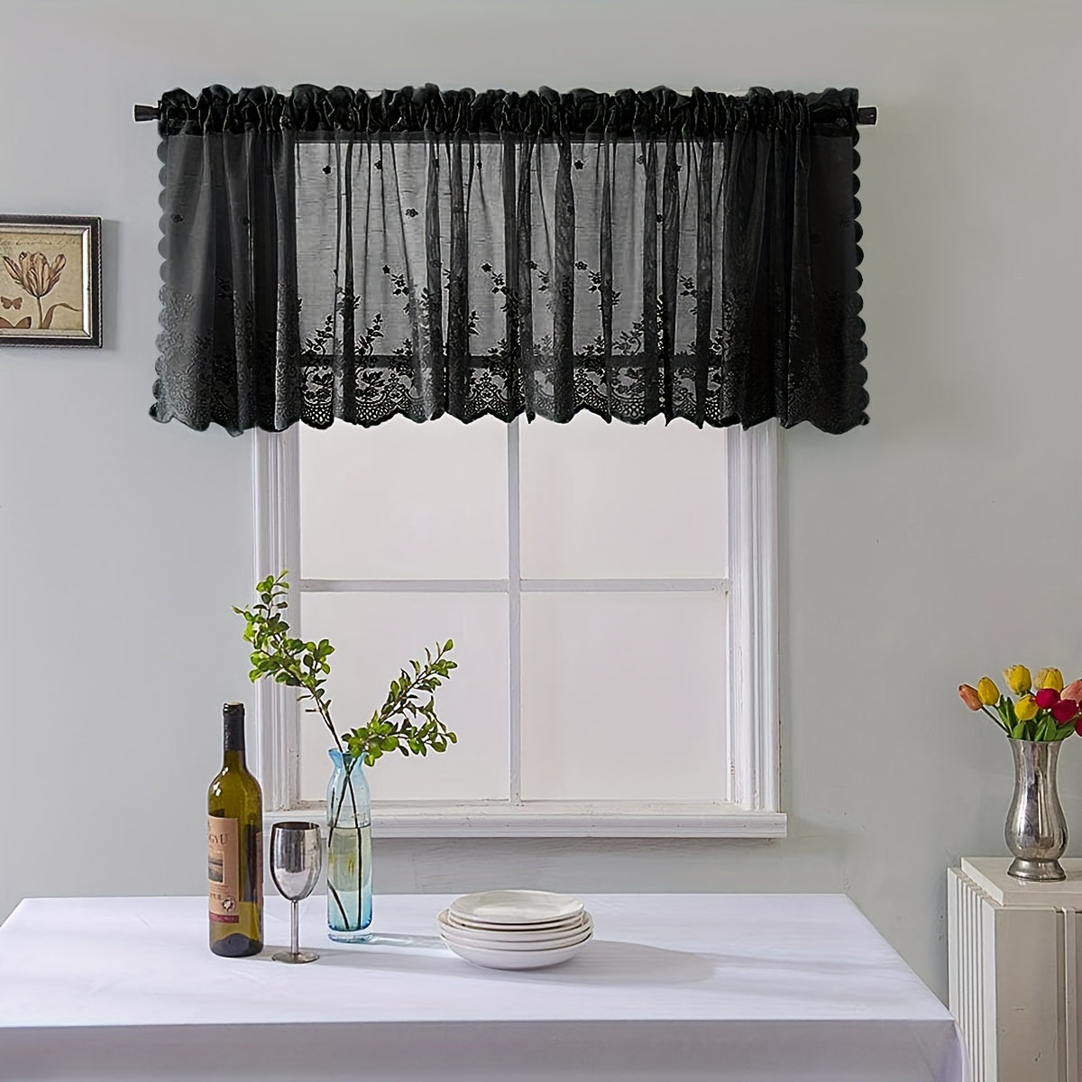 Black Floral Lace Cafe Curtain Sheer Polyester Rod Pocket Kitchen Decor