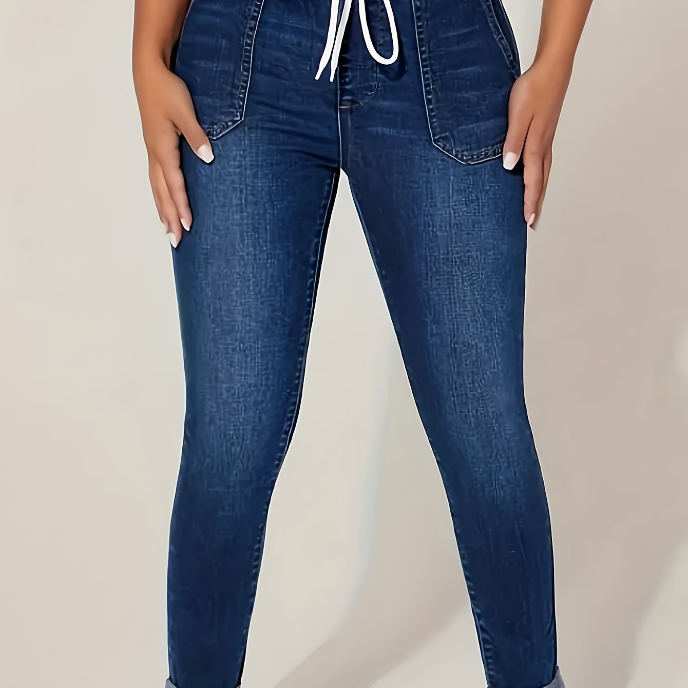 Plus Size Women's Denim Jeans with Elastic Drawstring Waist and Stretch Fit