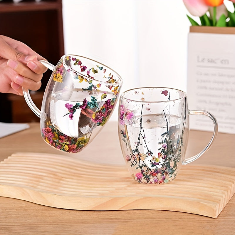 Double-Walled Glass Mug 11.83oz with Dried Flowers for Coffee Tea Juice