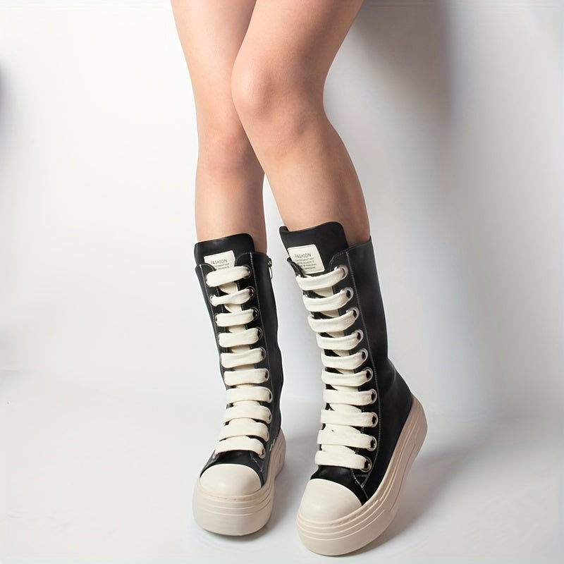 Women's Knee High Boots Solid Color Round Toe Platform Lace-Up Boots
