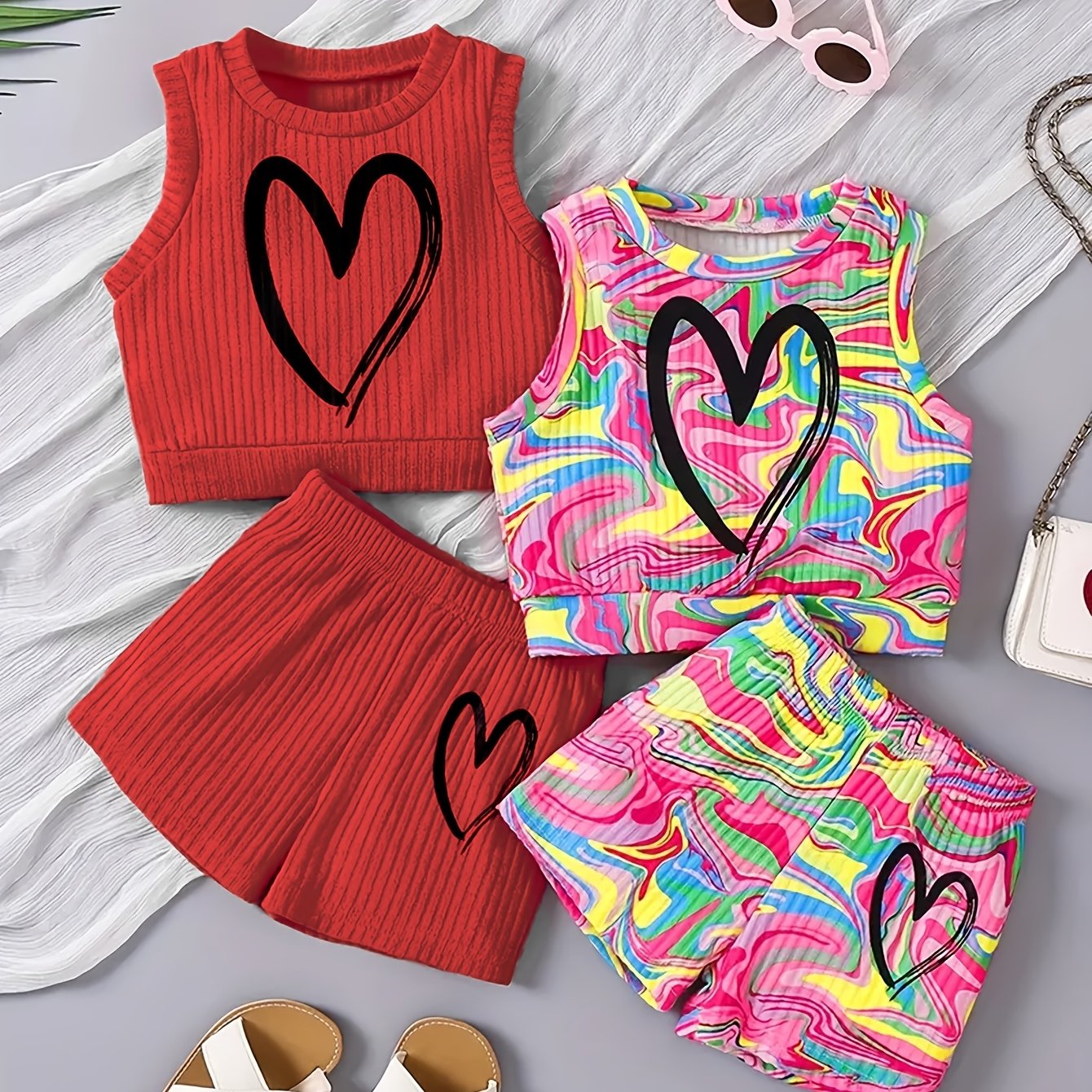Girls Summer Outfit Set 4 Pieces Heart Print Tank Top and Shorts Polyester Knit Casual
