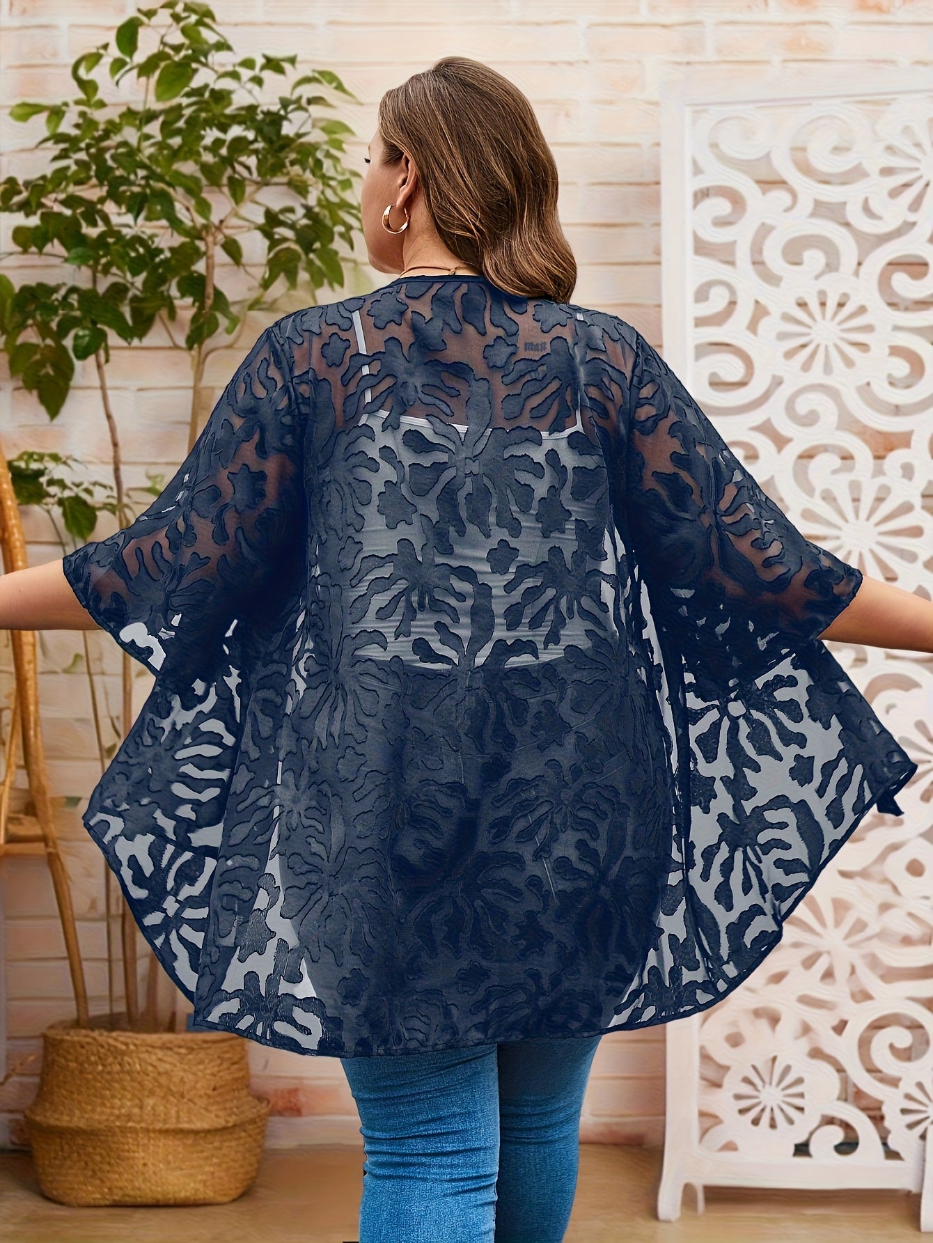 Women's Plus Size Jacquard Pattern Open Front Cardigan Shirt