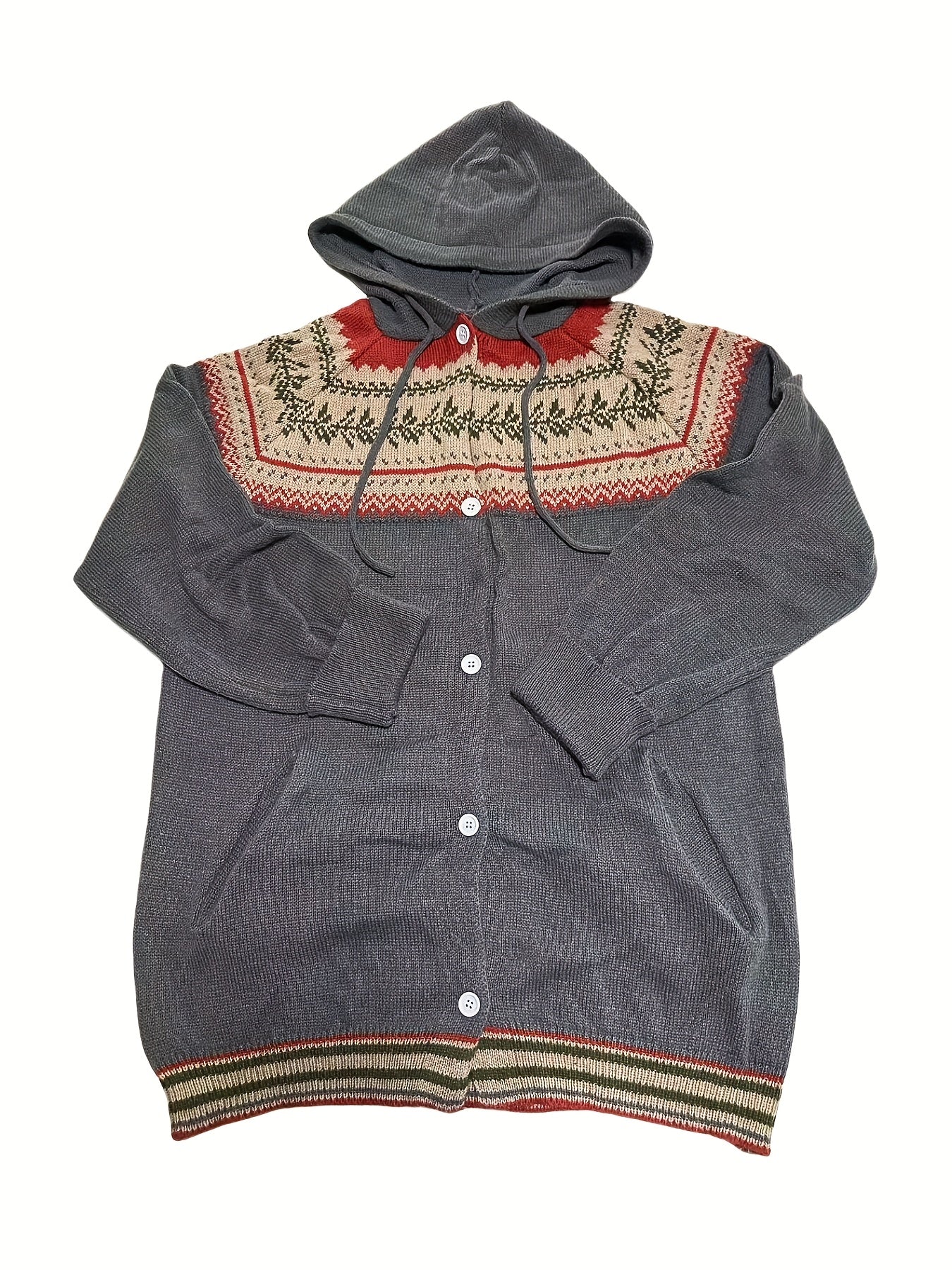 Plus Size Women's Geometric Pattern Hooded Cardigan Sweater Long Sleeve Cozy Fall Winter Outerwear