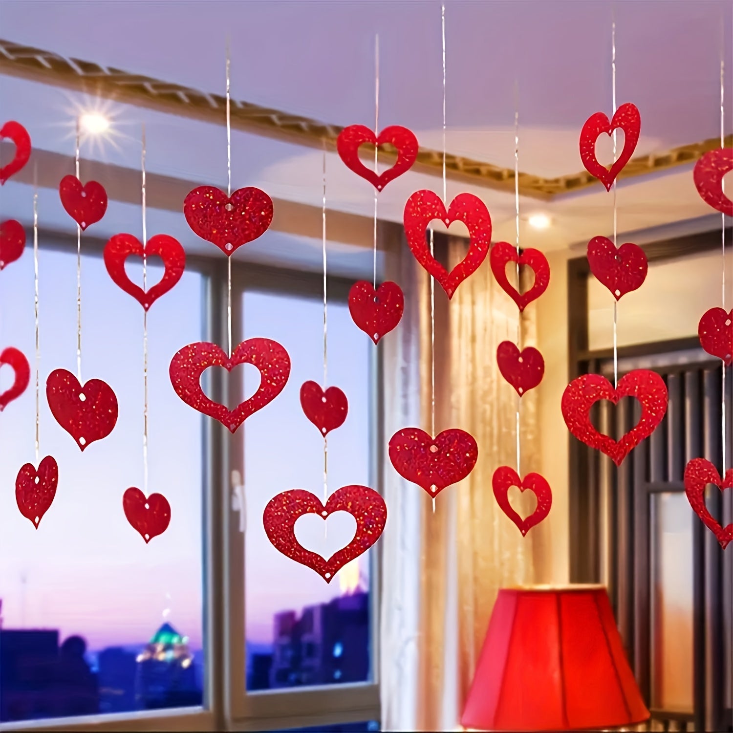 Valentine's Day Hanging Heart Decorations Red Silk Strings for DIY Party Decor