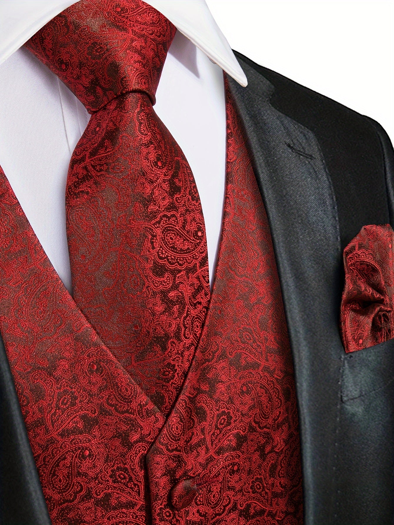 Plus Size Men's Paisley Vest Set with Necktie Hanky Cufflinks for Business Wedding Party