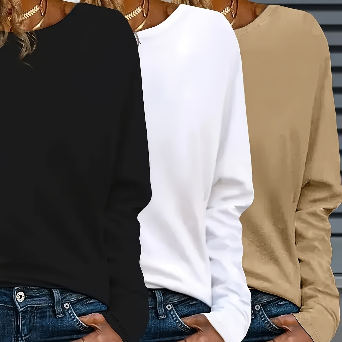 Женские повседневные блузки с длинным рукавом и круглым вырезом, упаковка из 3 штук, черные, белые, розовые, удобные однотонные блузки