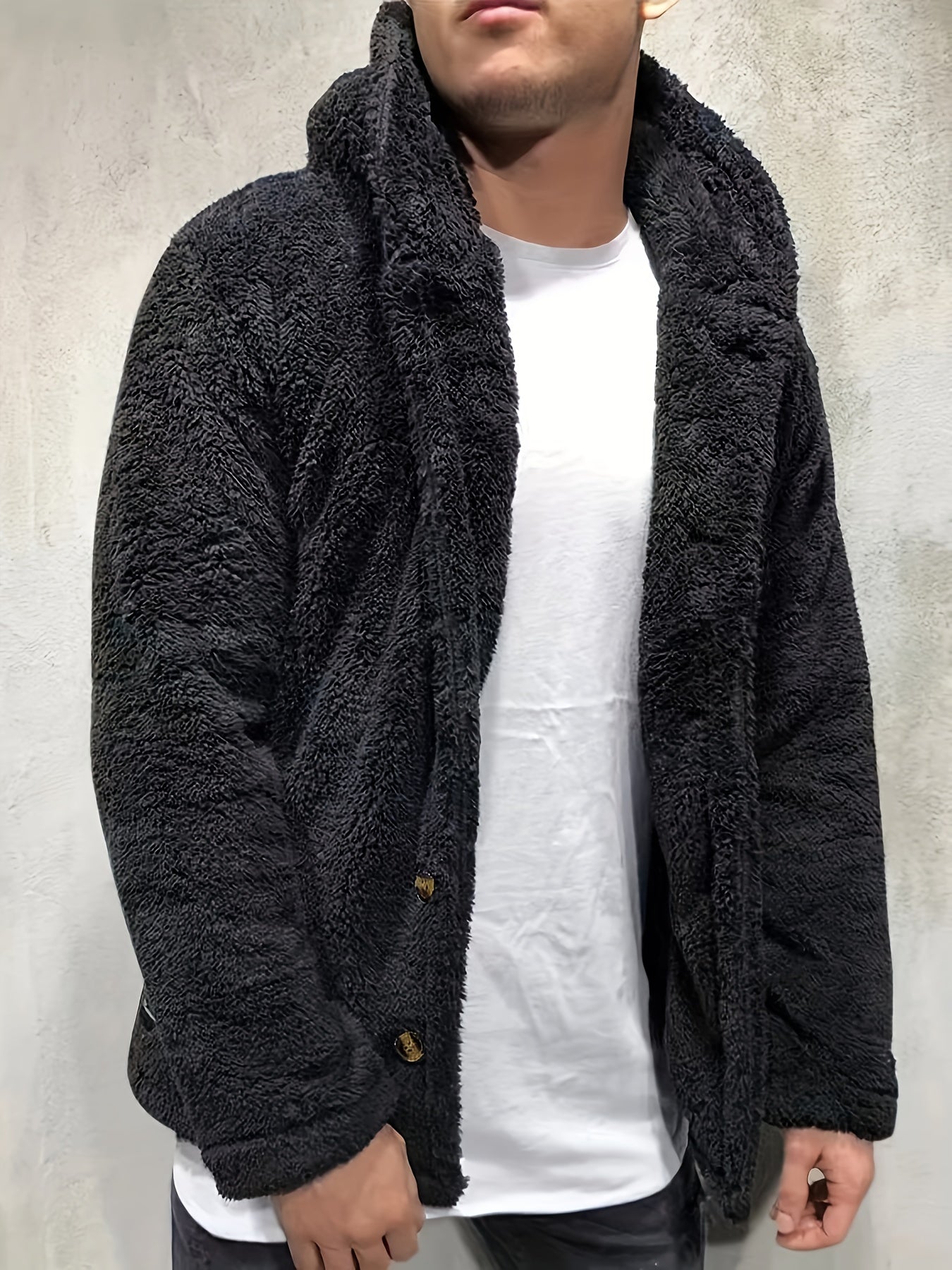Men's Brown Faux Fur Hooded Cardigan with Button Pockets Plus Size Fall Winter Casual Outerwear