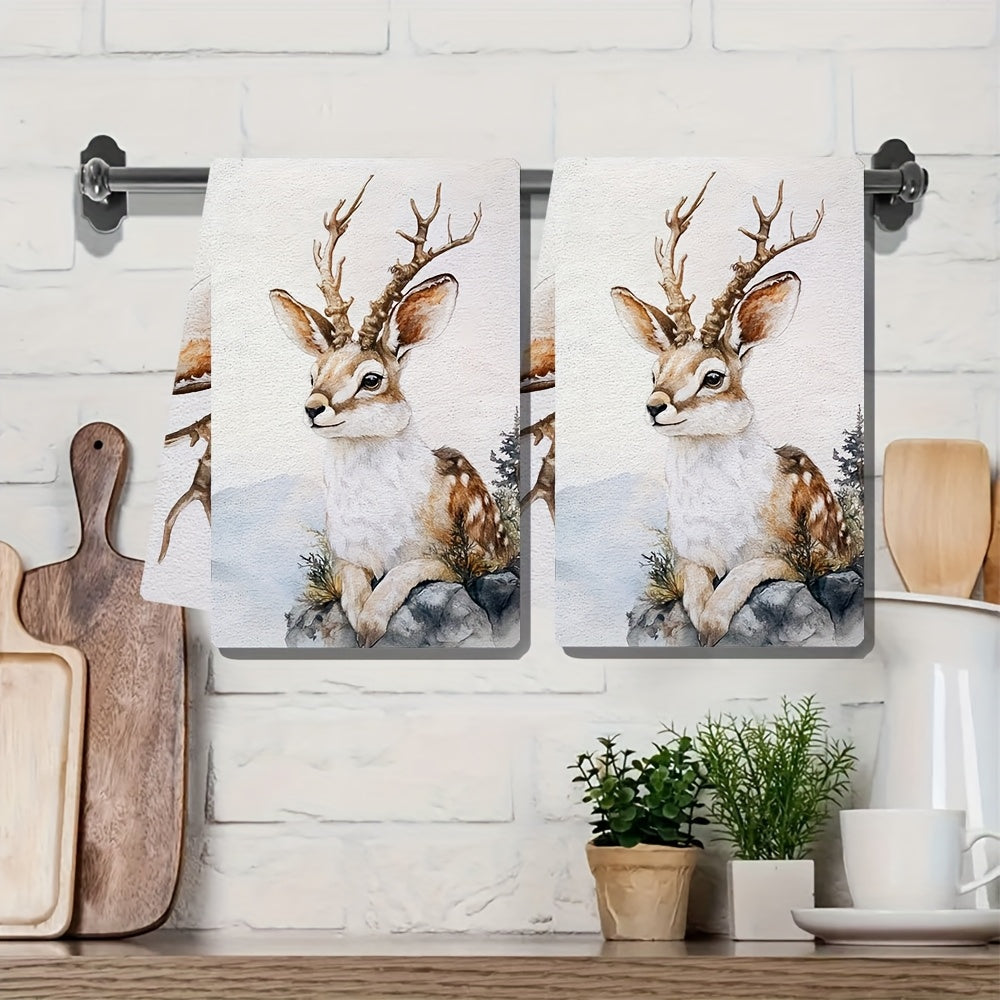 Set of 2 Ultra Soft Kitchen Towels Rustic Jackalope Design 40x60cm Absorbent