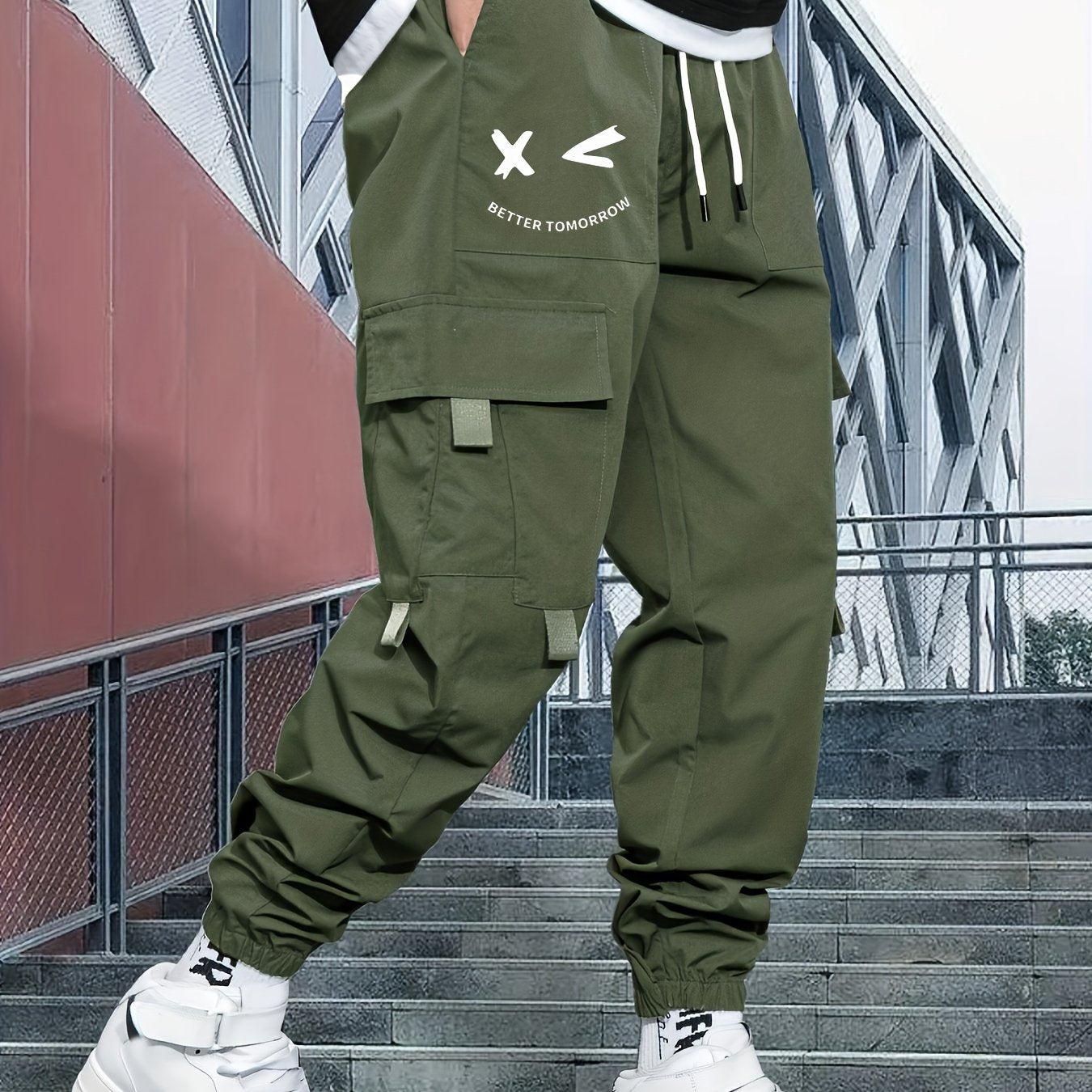 Men's Cargo Pants with Multiple Pockets Polyester Loose Fit Drawstring Waist Casual Outdoor Streetwear