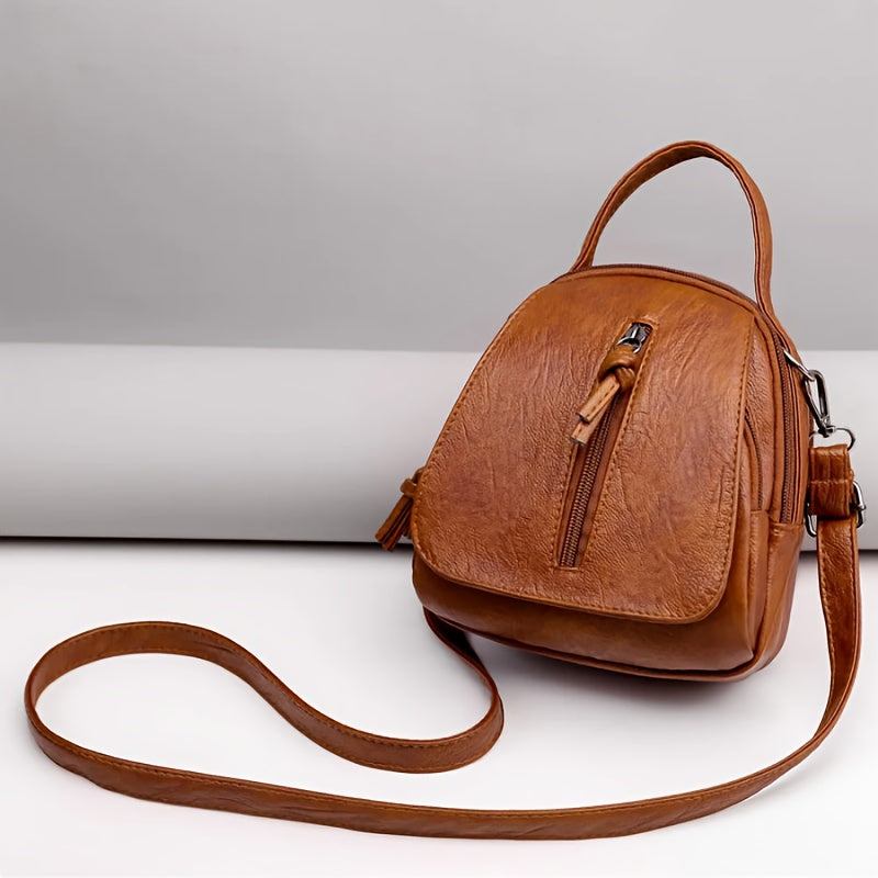 Unisex Brown PU Crossbody Bag with Zipper and Adjustable Strap