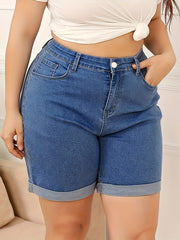 Women's Plus Size Denim Shorts High Waist Stretch Summer Rolled Hem