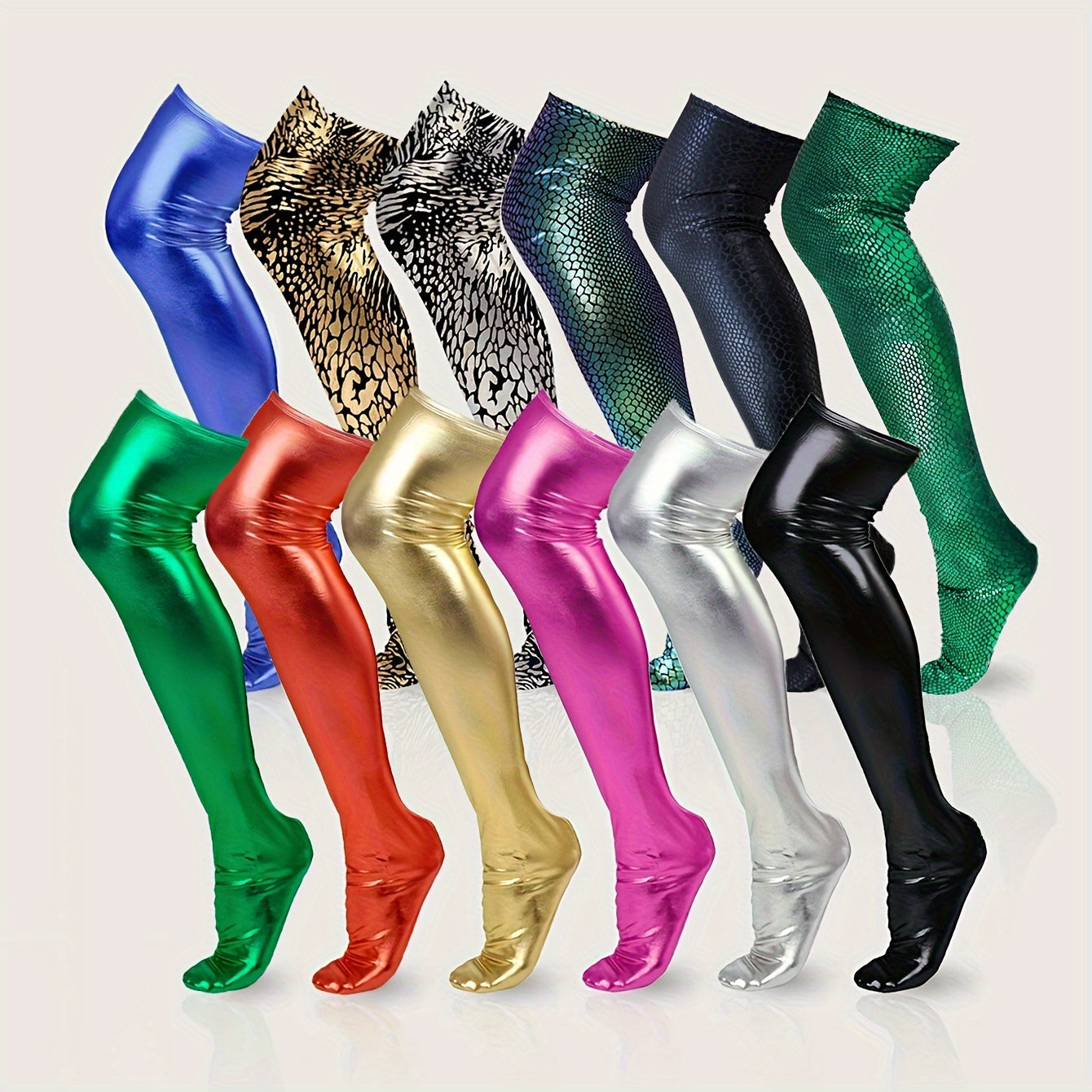 Reflective Gold Over-the-Knee Socks in Shiny PU Material