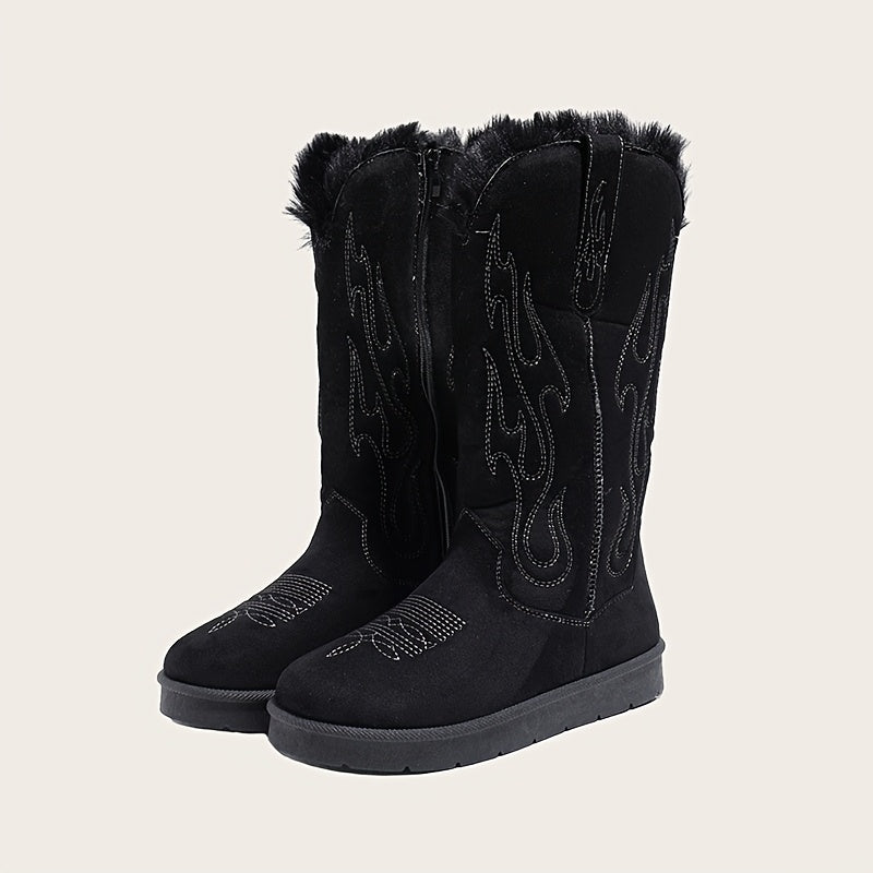 Women's Winter Snow Boots Plush-Lined Cowgirl Shoes with Zipper Durable Sole
