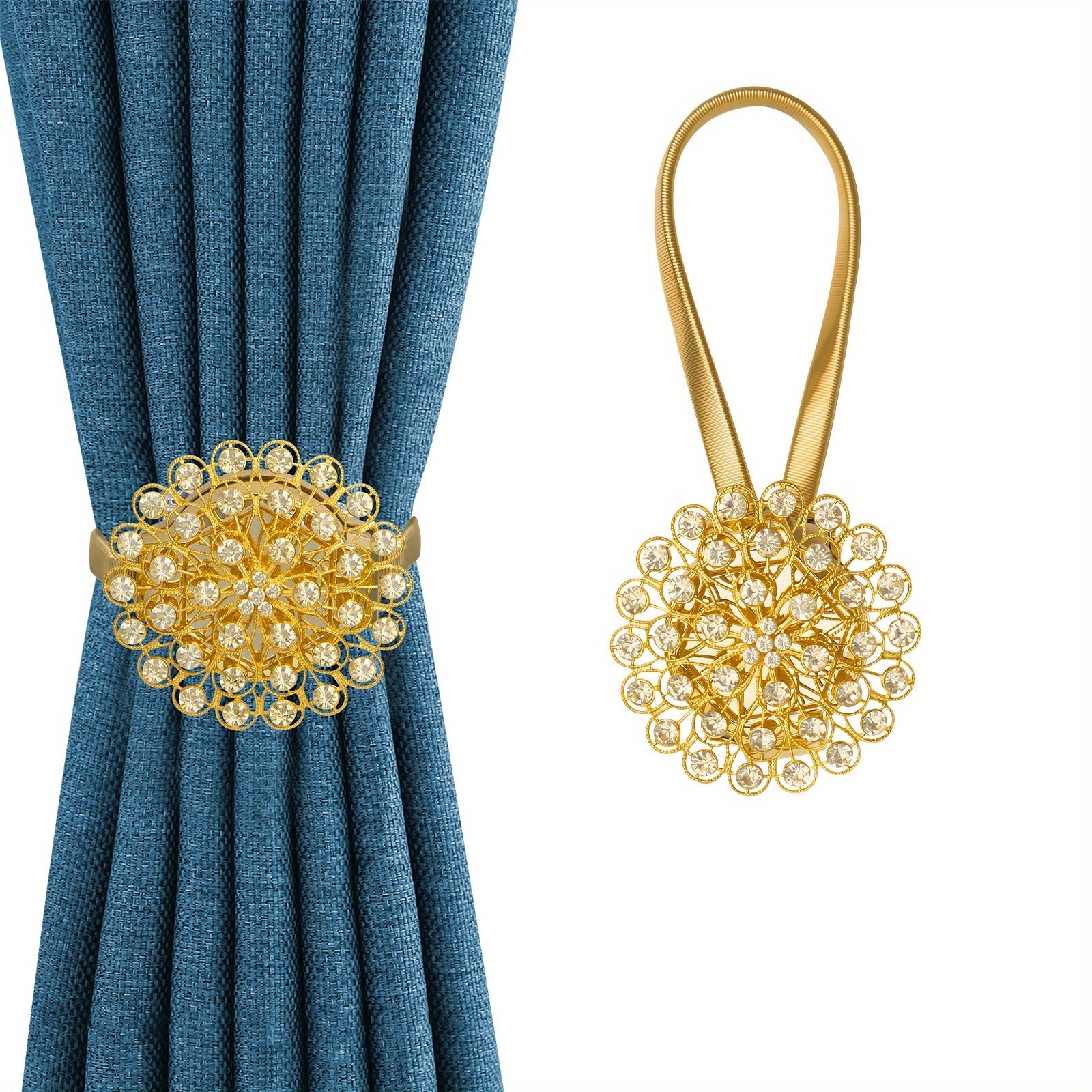 Magnetic Curtain Tieback with Crystal Flower and Elastic Spring Wire for Home Office