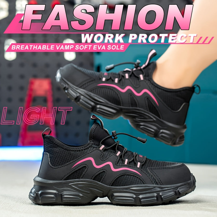 Women's Breathable Steel Toe Safety Shoes Lightweight Non-Slip Pink and Black