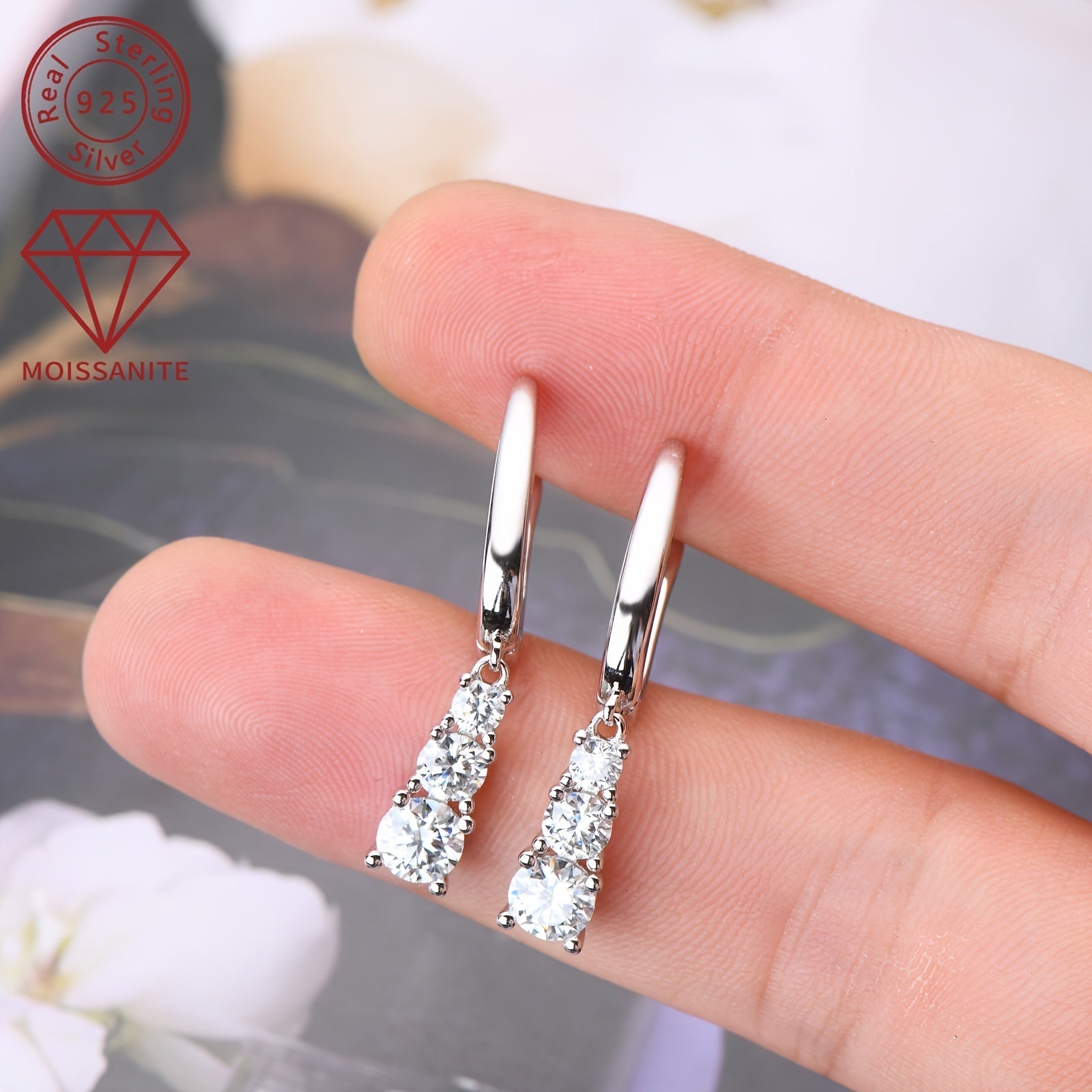 Sterling Silver Teardrop Hoop Earrings with Moissanite Stones for Weddings and Holidays