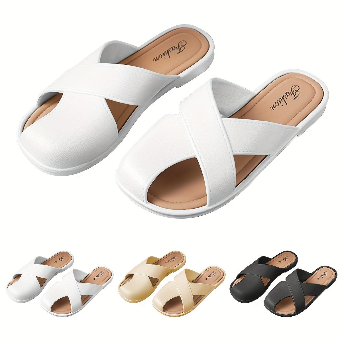 Women's Cross Strap Flat Sandals Breathable PVC Open Toe Shoes in White Beige Black