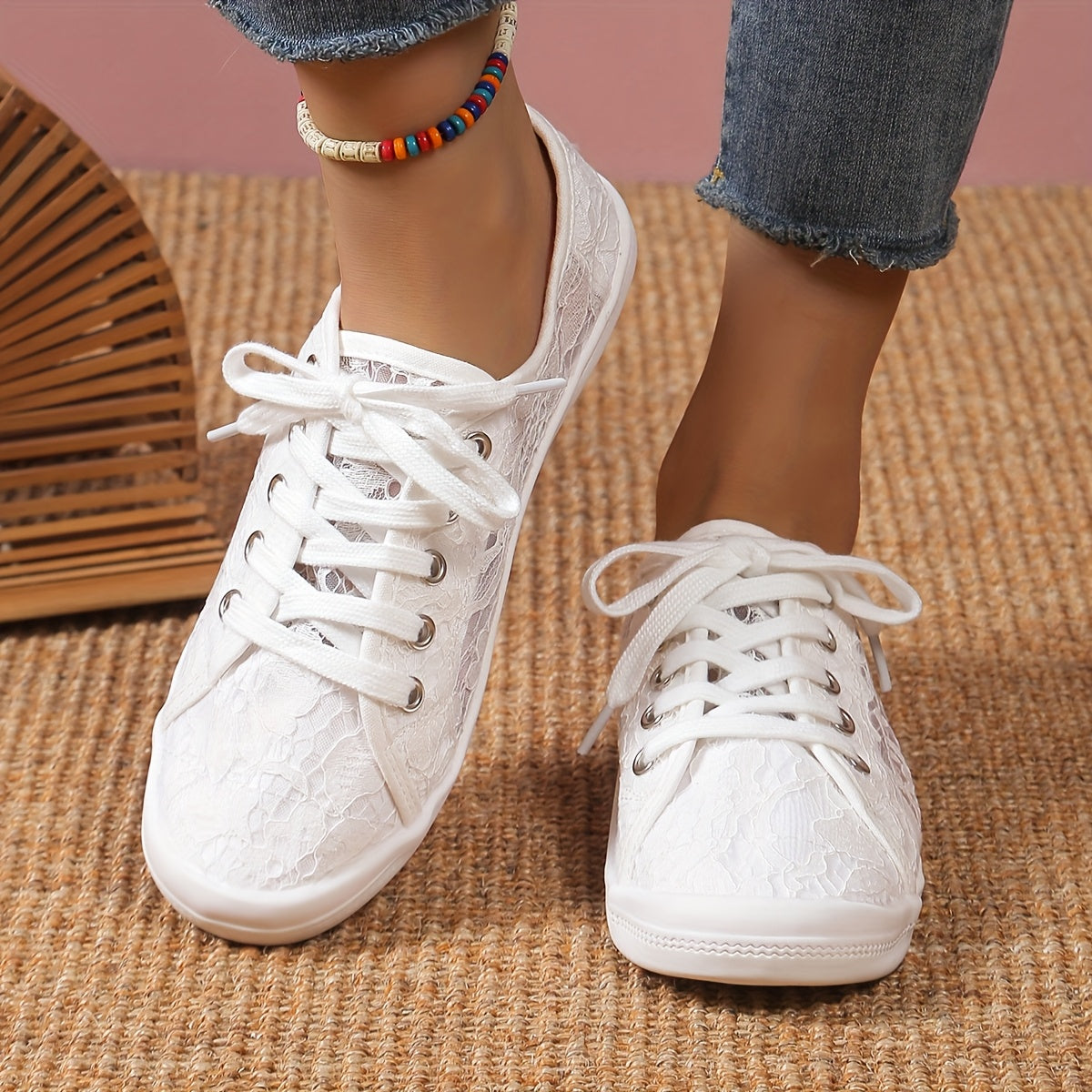 Women's White Lace Casual Flat Sneakers Breathable Comfortable Trendy