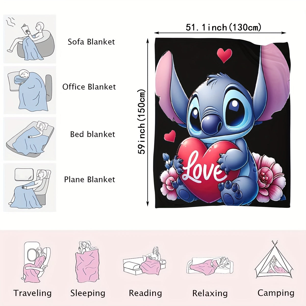 Cute Stitch Cartoon Love Heart Flannel Throw Blanket Soft Fleece All-Season