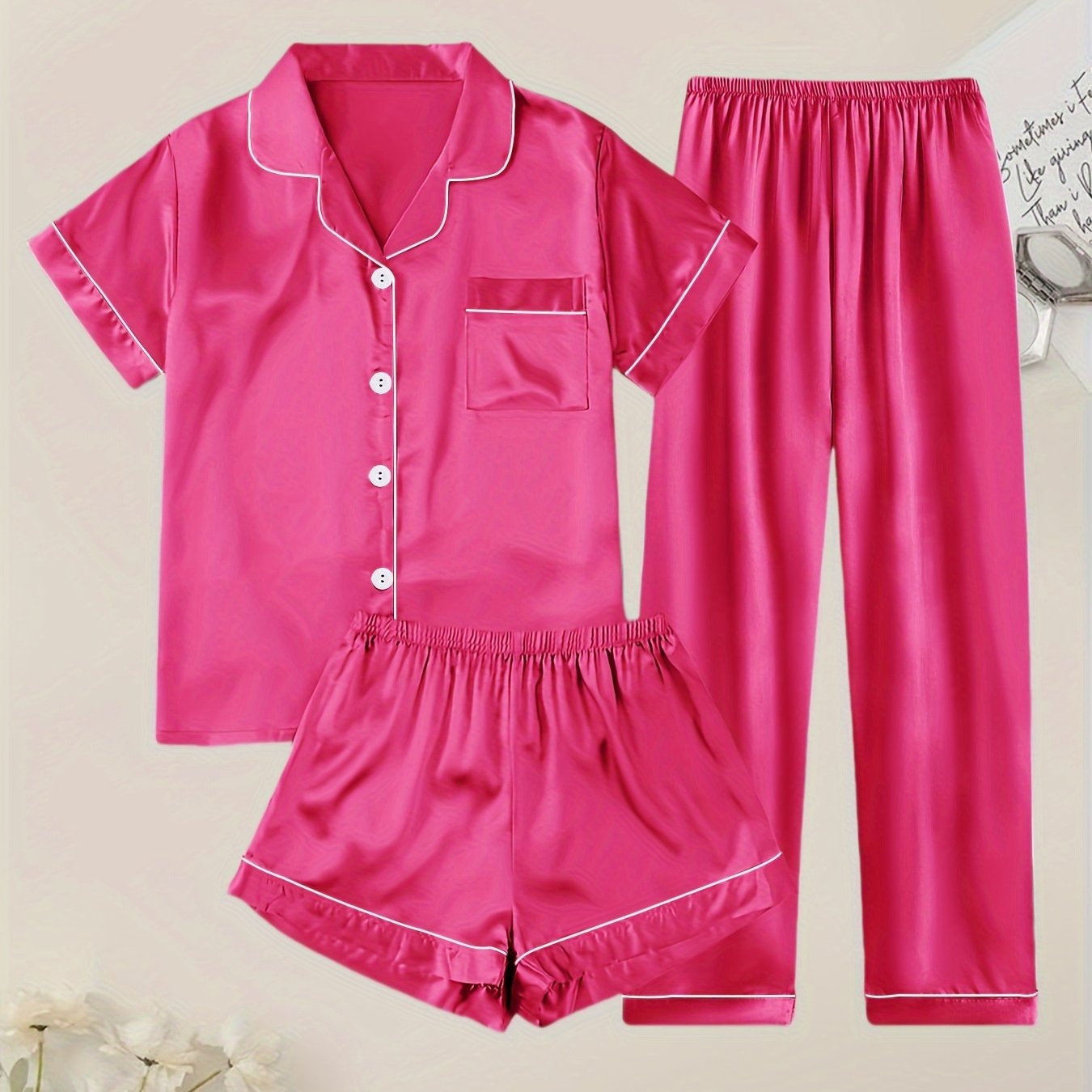 Women's Satin Pajama Set Short Sleeve Button Top Shorts or Pants Casual Sleepwear