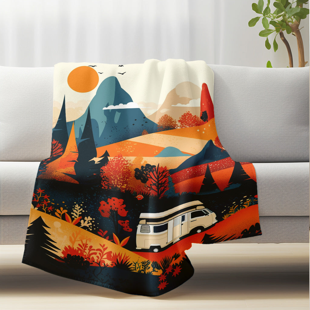 Flannel Throw Blanket Autumn Mountain Camper Van Design Soft Warm Knitted Polyester All-Season