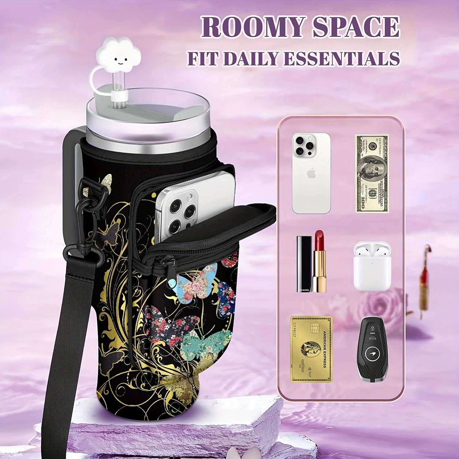 Qora Neopren stakan tutgichi va telefon uchun choʻntak, 40oz shishalar uchun, chizishga chidamli, PVCsiz