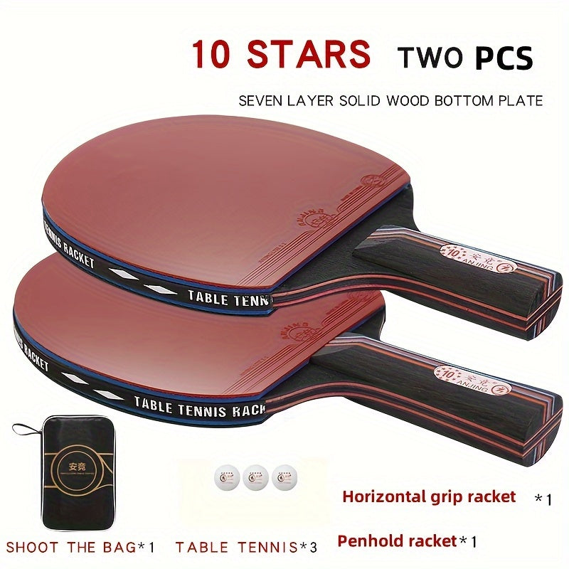 Single Pack of 10 Professional-Grade Red Carbon Rubber Table Tennis Rackets with 3 Balls