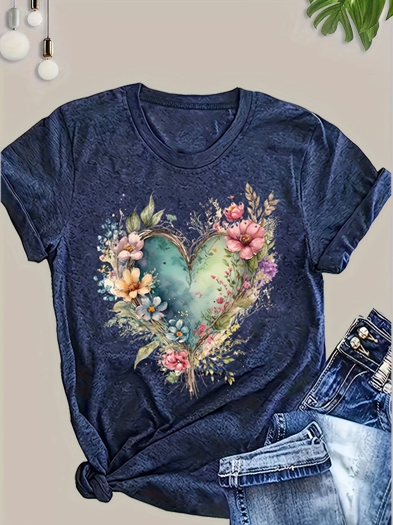 Plus Size Floral Print T-Shirts Pack of 3 Casual Crew Neck Polyester Knit Summer