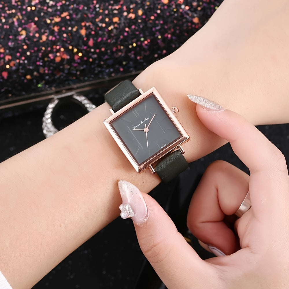 Square Quartz Watch for Women with PU Leather Strap Casual Dress Gift