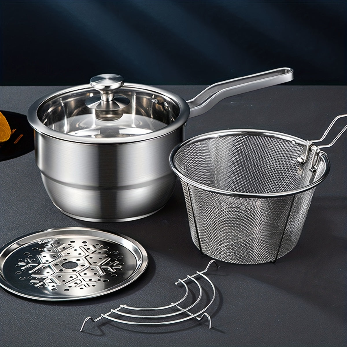 Set of 4 Stainless Steel Deep Frying Pans with Strainer Insert Cookware Set for Home Kitchen