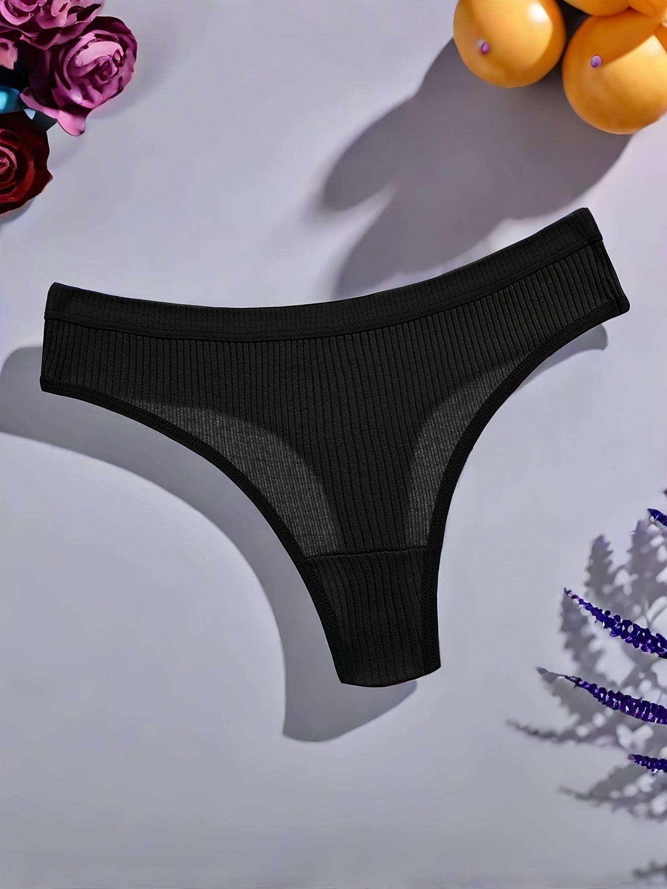 Women's Black Semi-Sheer Ribbed Thong Panties with Side Stripe and Low Rise