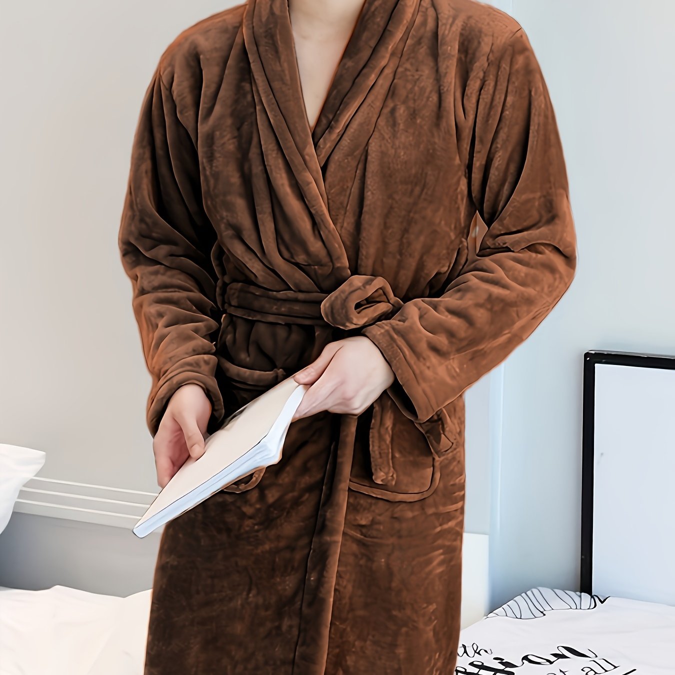 Luxurious Plush Fleece Bathrobe for Women Fall Winter Long Sleeve V-Neck Tie Belt