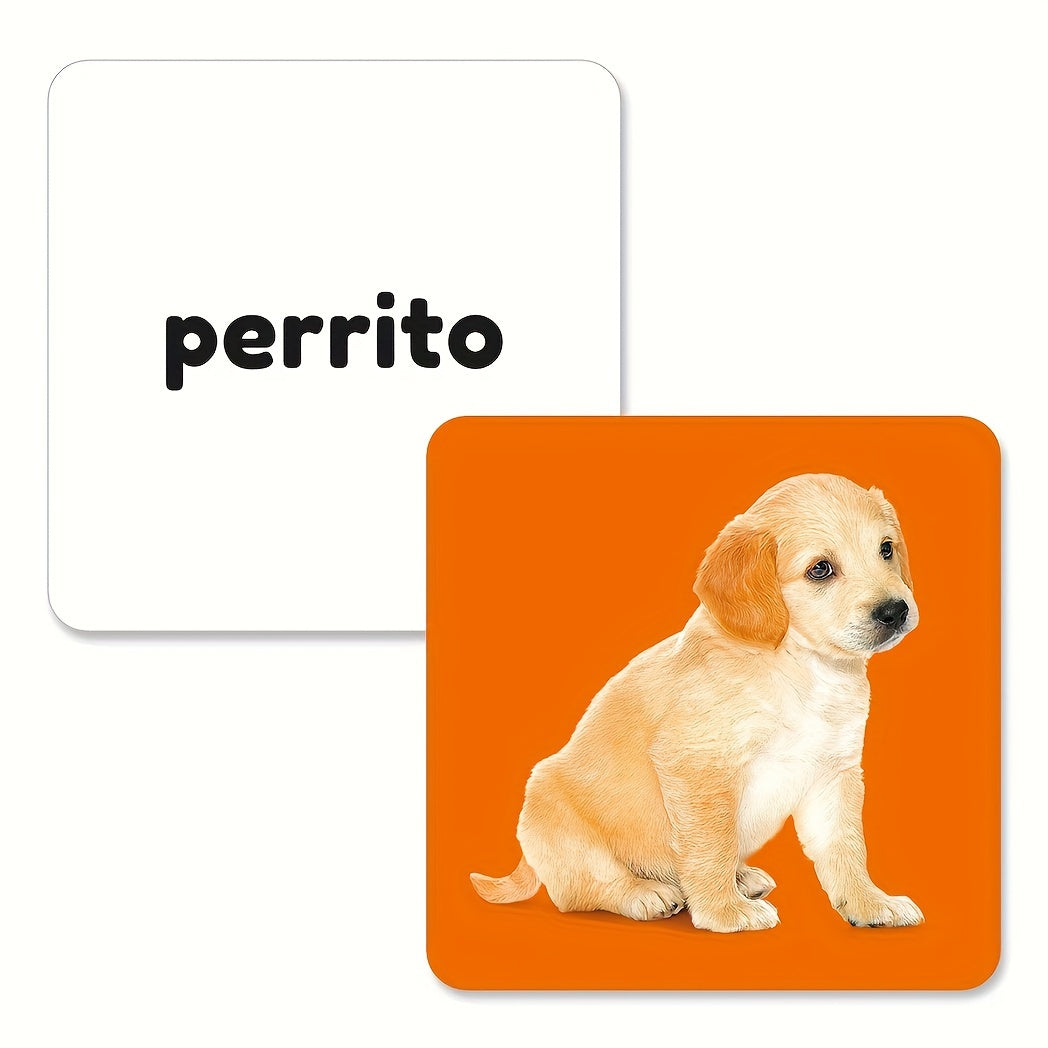 Juego de tarjetas de palabras de animales para niños en español con imágenes y esquinas redondeadas