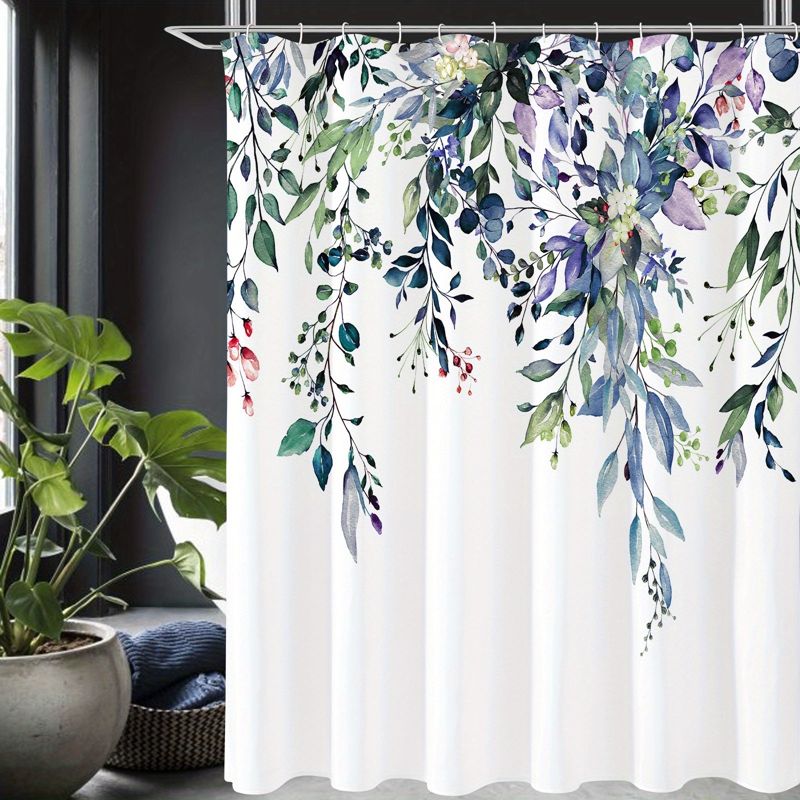 Waterproof Eucalyptus Shower Curtain with Watercolor Plant Leaves Floral Design Includes Hooks