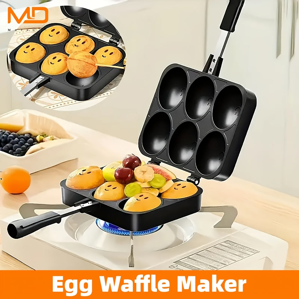 6-Cavity Nonstick Egg Waffle Maker Rust-resistant aluminum alloy pan long handle