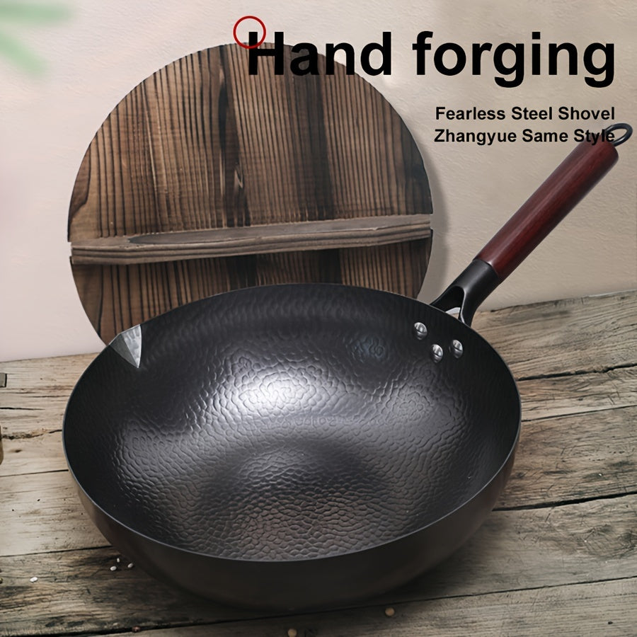 Cast Iron Wok 32cm Non-Stick Hand-Forged Stir-Fry Pan with Wooden Lid