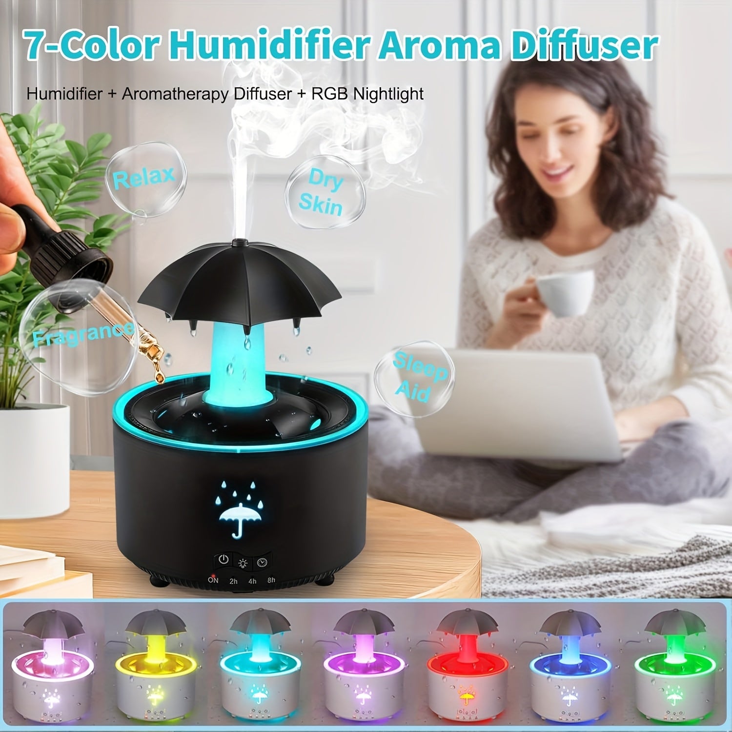Rain Cloud Aroma Diffuser with 7-Color Lighting Timer Essential Oil Compatibility Home Humidifier