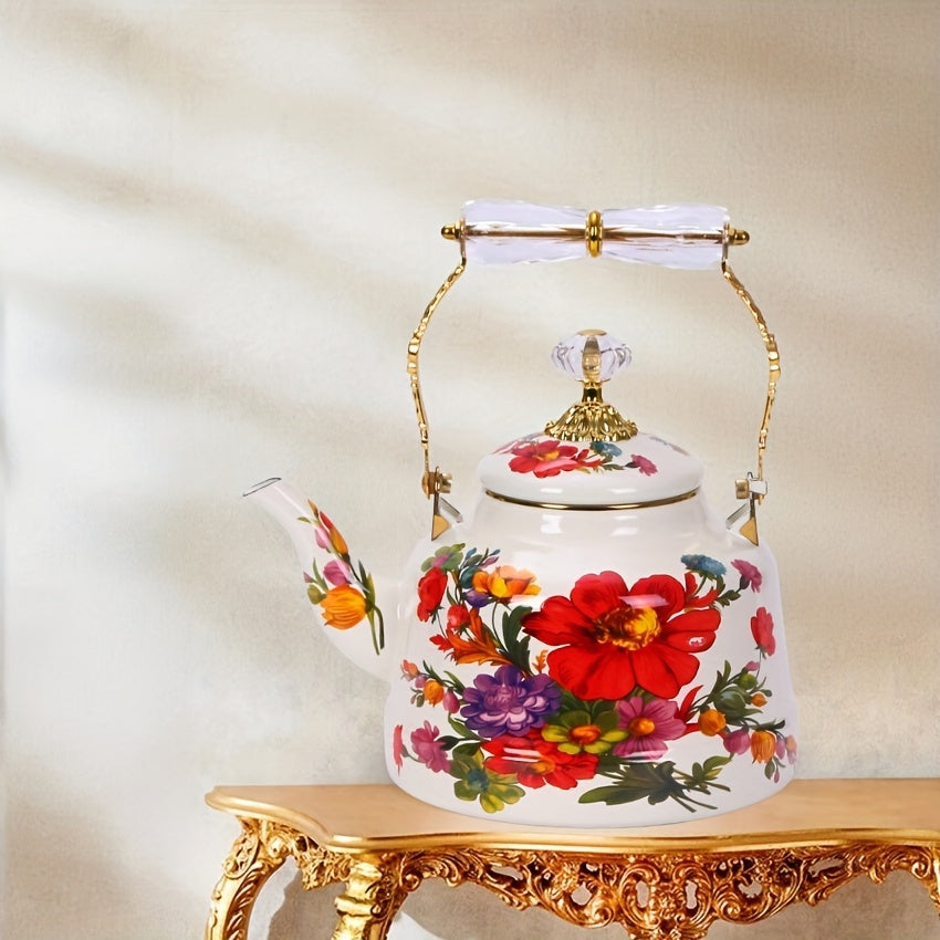 Vintage gullar dizayni emal choynak - Katta sig'imli pechka choynak, klassik tushlik choyi uchun bog'da, an'anaviy mahorat bilan qo'l bilan tayyorlangan - Elektrsiz