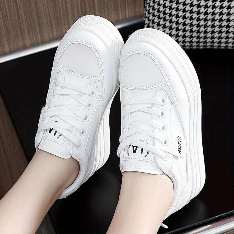Women's High-Top Sneakers with Thick Platform Sole Beige Casual Lace-Up Shoes
