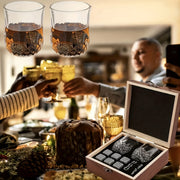 Engraved Whiskey Glasses Gift Set with Reusable Granite Ice Cubes and Wooden Storage
