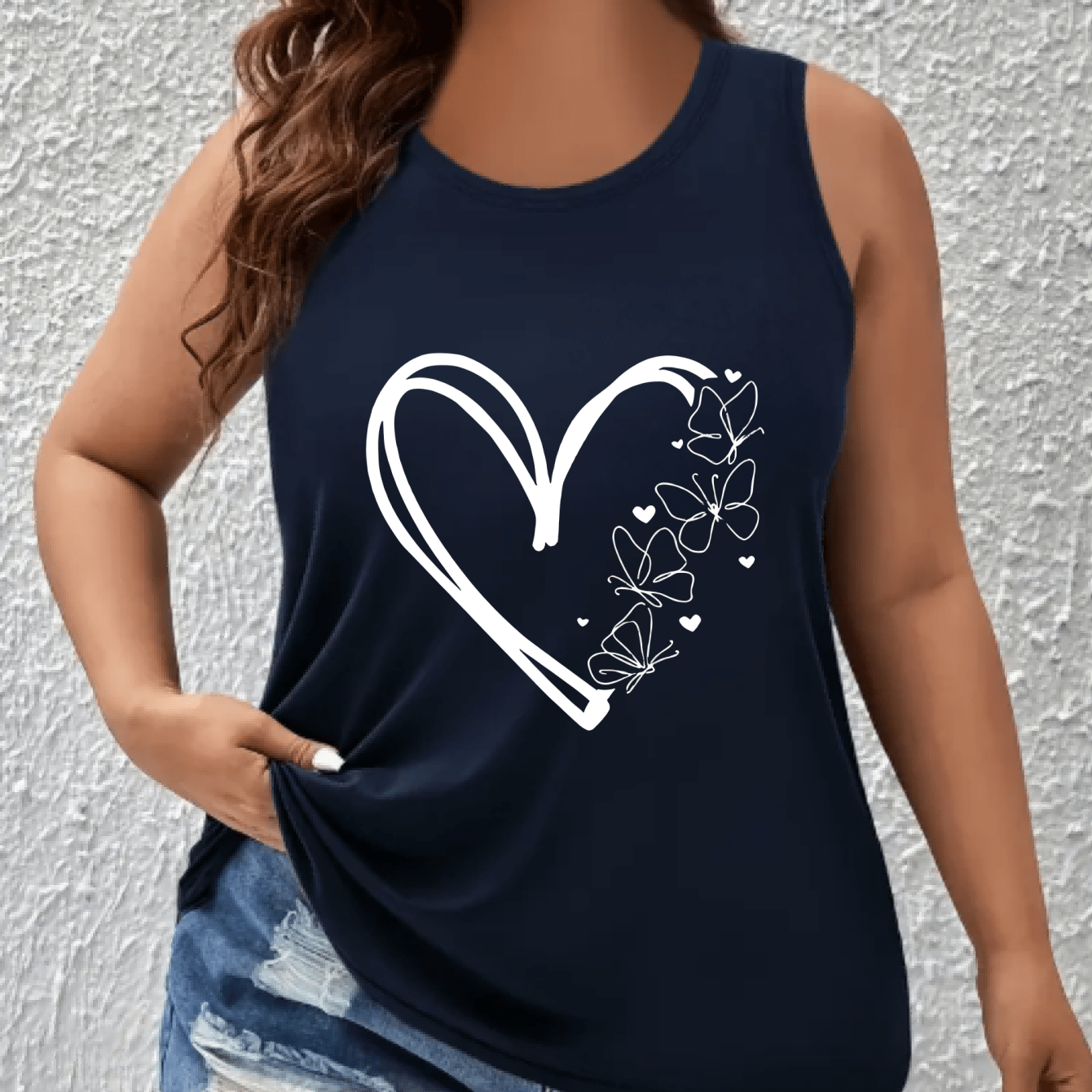 Plus Size Womens Navy Blue Tank Top with Heart and Butterfly Design Sleeveless Activewear