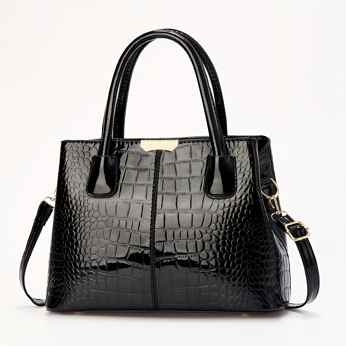 Black Crocodile Pattern Handbag with Adjustable Strap and Zipper Closure