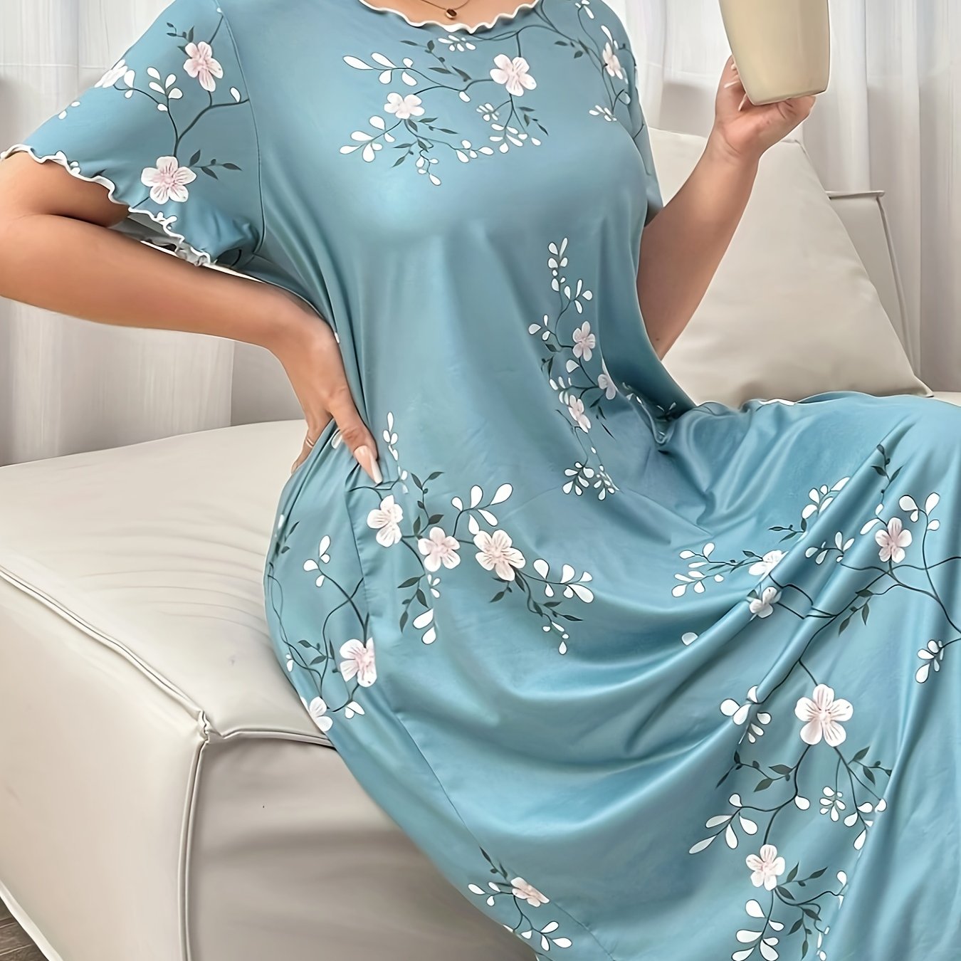 Plus Size Floral Short Sleeve Nightgown Sleep Dress Lightweight Comfortable
