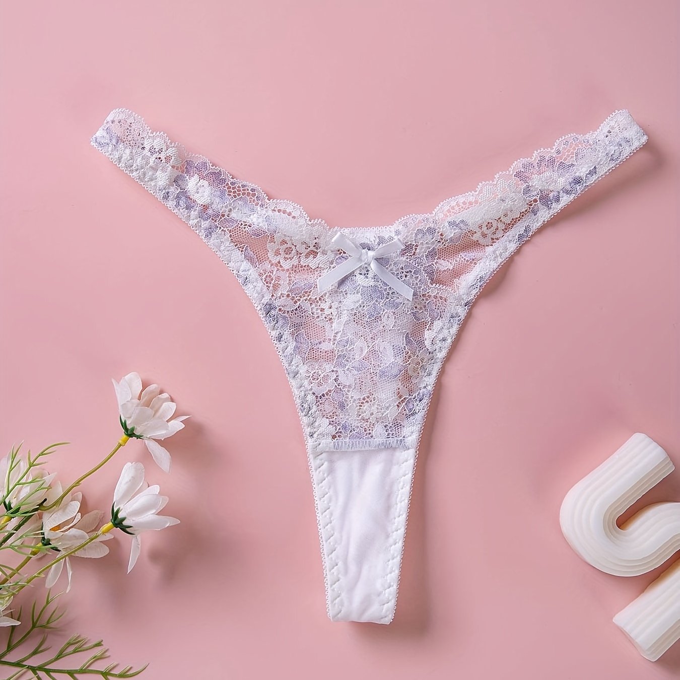 Women's Floral Lace Thongs and Cut-Out Bow Tie Panties Lingerie