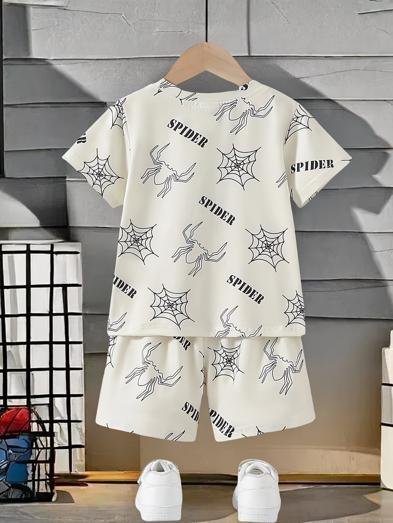 Boys Summer Spider Pattern T-Shirt and Shorts Set 95% Polyester 5% Spandex Kids Outfit
