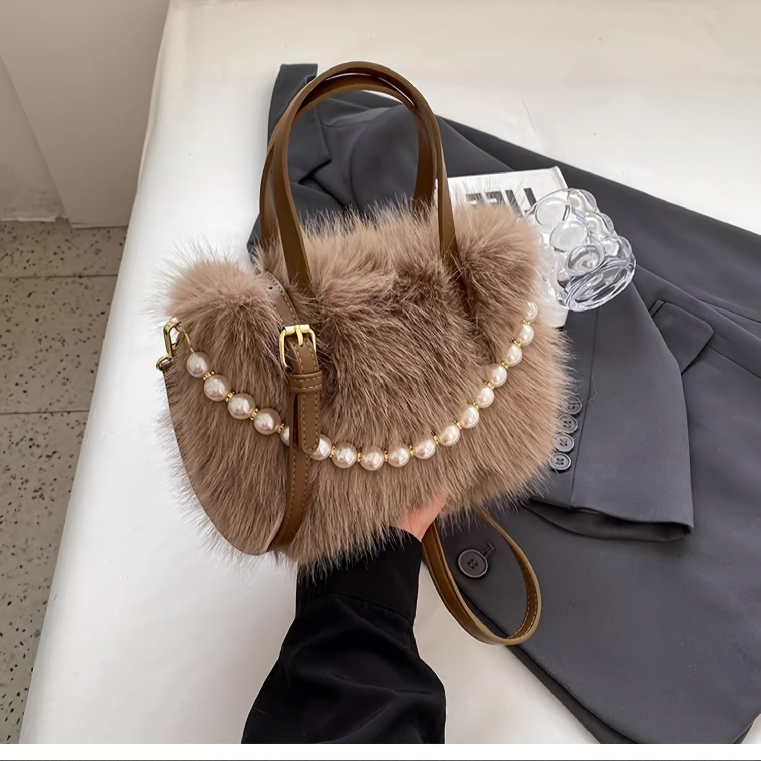 Faux Fur Crossbody Bag for Women with Pearl Accents in Pink Black White Khaki Coffee