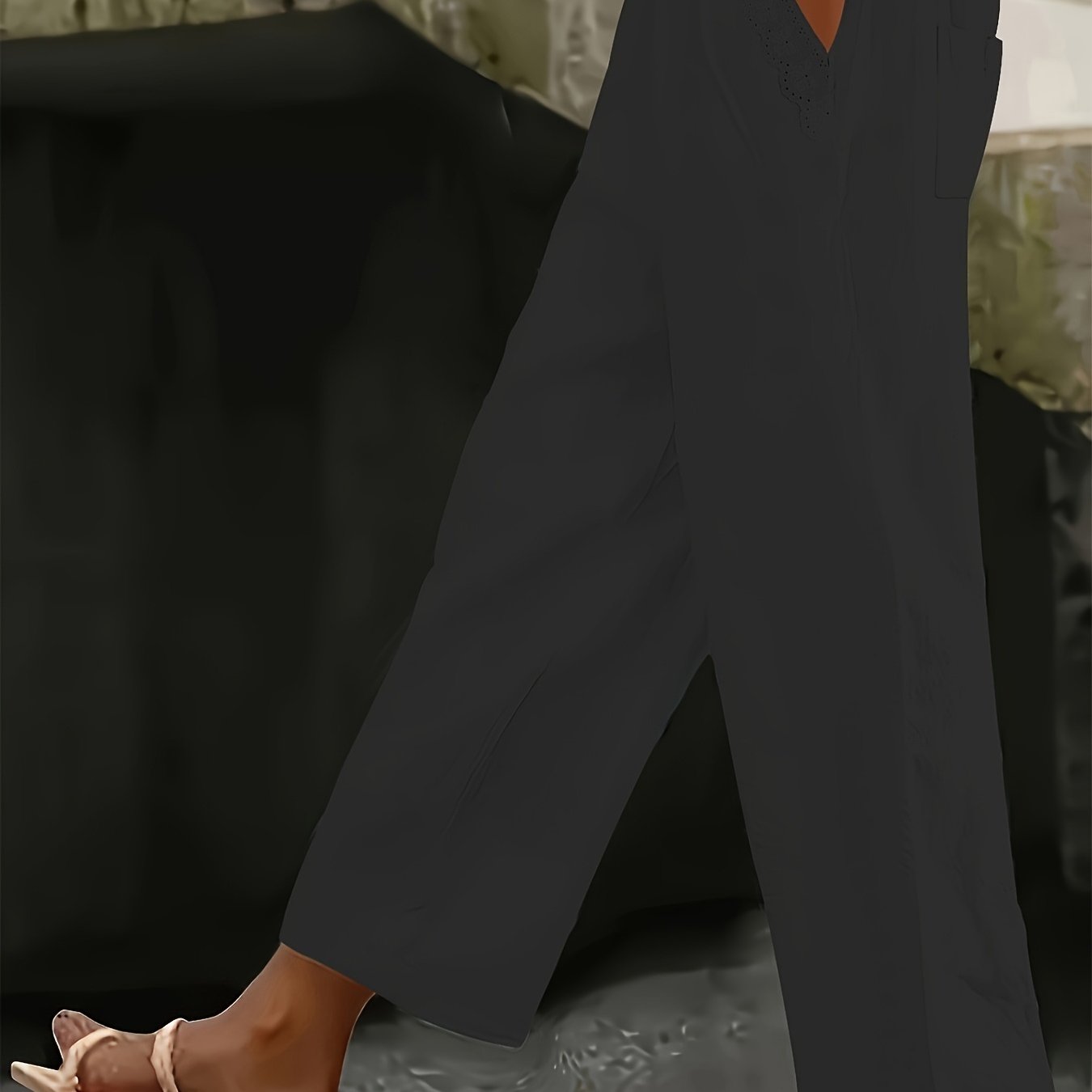 Pantalones de pierna ancha de talla grande con bolsillos con ribete de encaje, color sólido, casual, para todas las estaciones